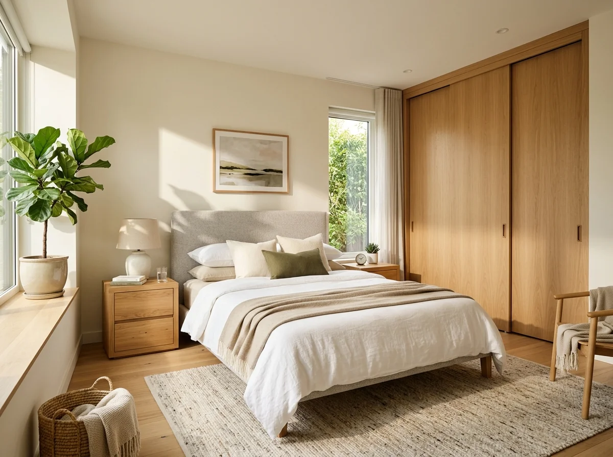 Quarto planejado com cama, cabeceira e guarda-roupa montados