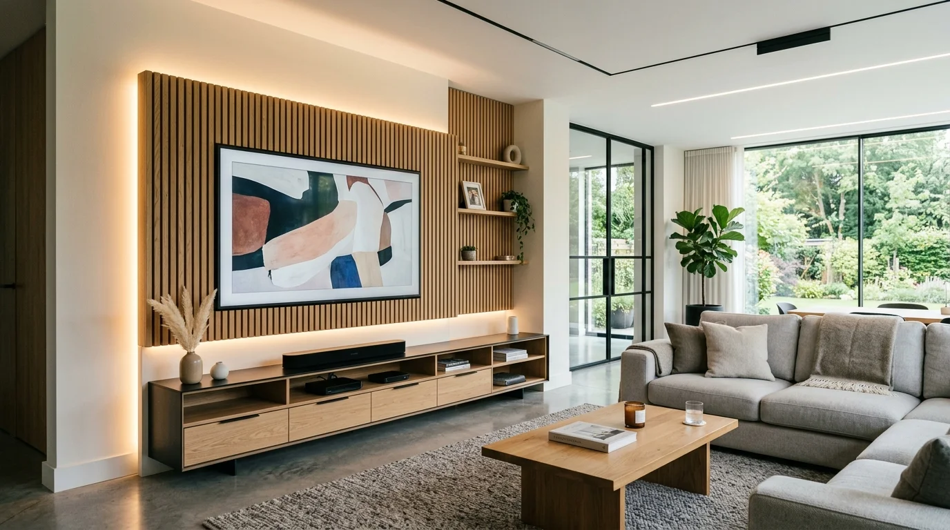 Sala de estar moderna com sofá, rack e painel decorativo montado com perfeição